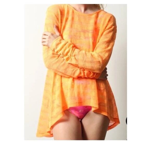 Oakley Top Women's Medium Hot Pink Cover Up Tunic Long Sleeve Sheer Striped - Picture 2 of 4